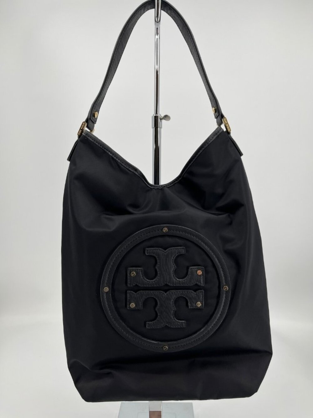 Tory Burch Stacked Logo Hobo Black Nylon Shoulder Bag Open Top Zip Pocket
